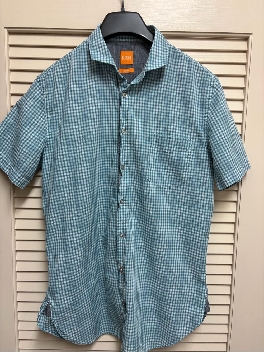 Hugo Boss Orange Mens Medium Slim Fit Gingham Plaid Button Up Shirt Blue Preppy